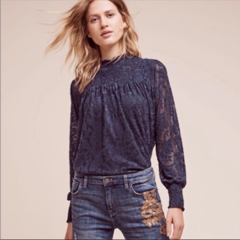 Anthropologie Deletta Amanna Navy Blue Lace Top Blouse - Picture 3 of 9
